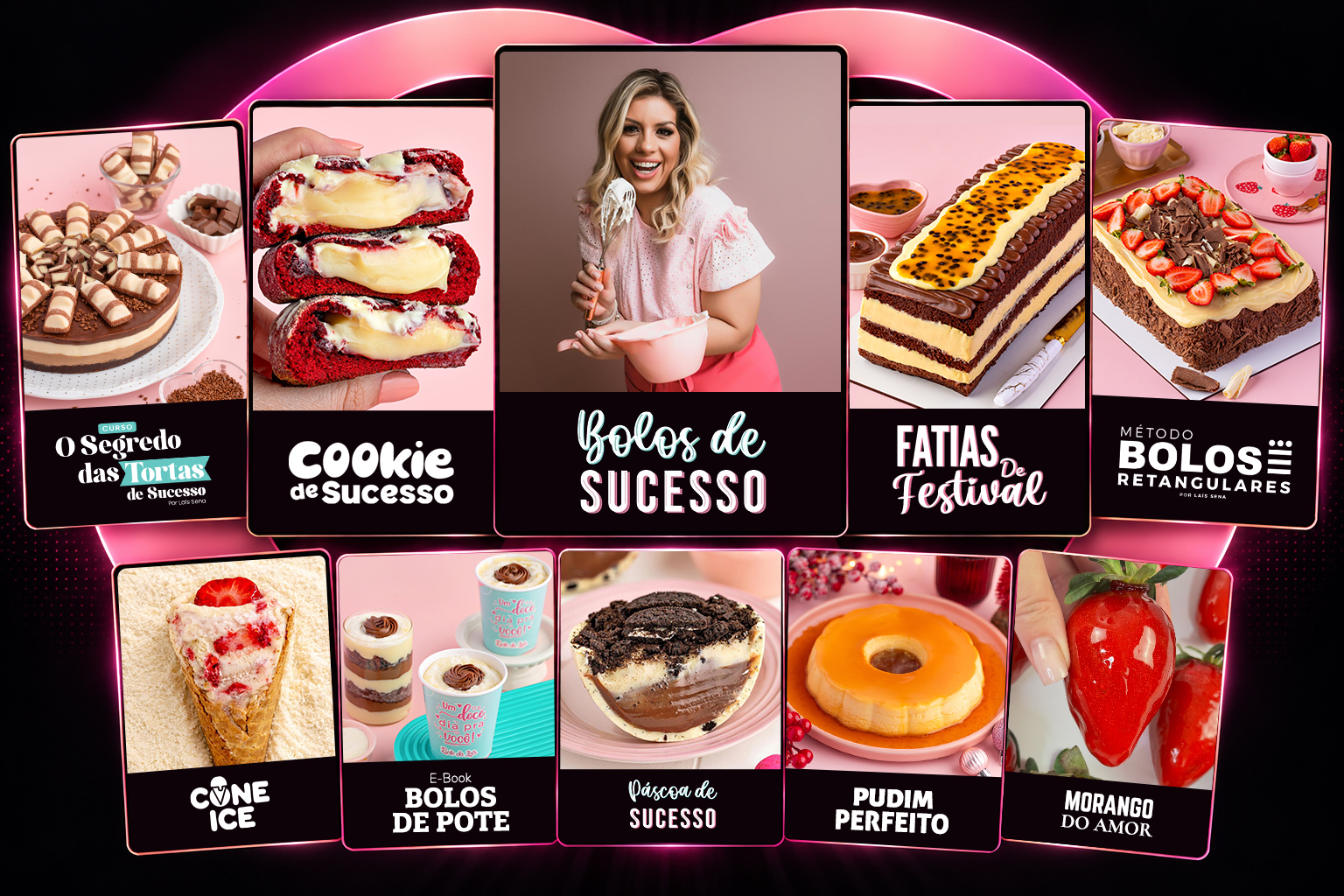 Cursos e materiais da Laís: tortas, cookies, bolos, fatias, bolos retangulares, cone ice, bolos de pote, Páscoa, pudim e Morango do Amor